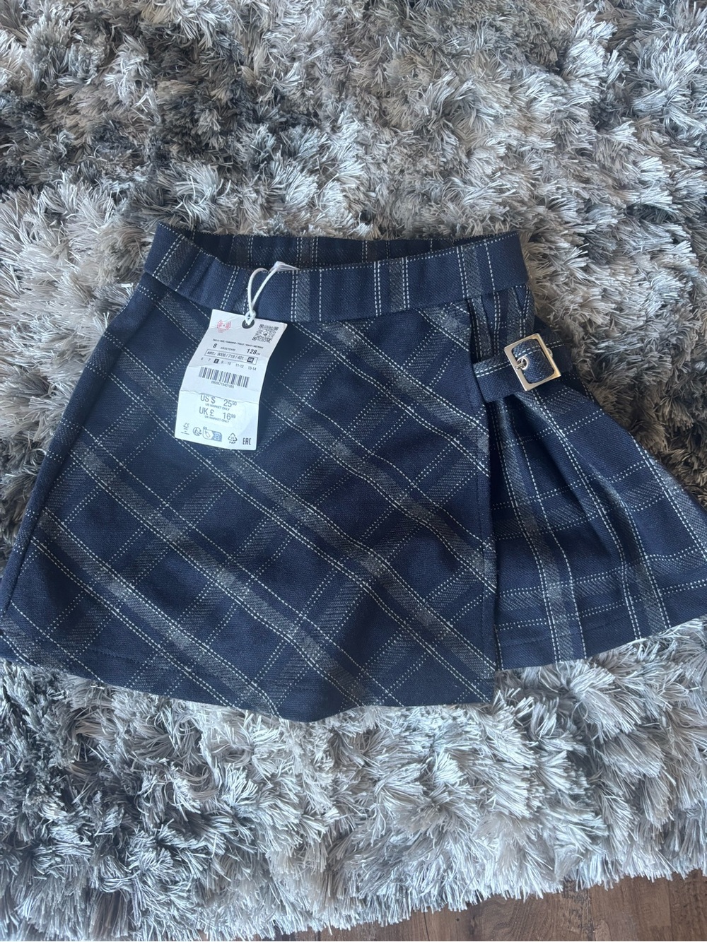 Zara Navy Plaid Mini Skirt with Side Buckle